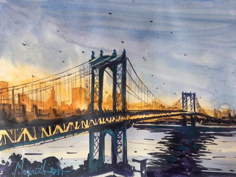 Bridge Watercolor Painting, Brooklyn Bridge Watercolor, Manhattan Bridge Drawing, Painting Ideas On Canvas City, Brooklyn Bridge Drawing, Brooklyn Painting, Brooklyn Bridge Painting, Watercolor Bridge, Bridge Watercolor