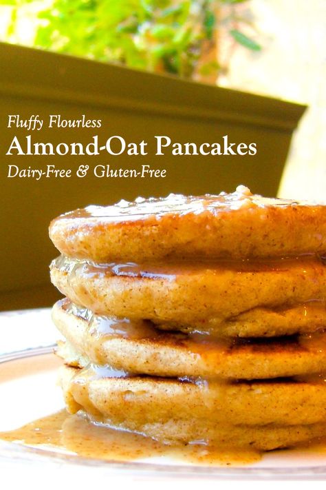 Fluffy Flourless Almond Oat Pancakes Recipe - naturally dairy-free, gluten-free, healthy, and delicious! Oat Pancake Recipe, Almond Pancakes, Oat Milk Recipe, Almond Flour Pancakes, No Flour Pancakes, Dairy Free Breakfasts, Oat Pancakes, Milk Recipes, Pancake Recipe