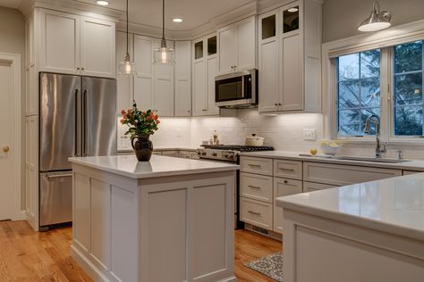 Kitchen remodel, cabinets to ceiling with molding, and glass inserts. Shaker style white dove perimeter with repose gray island. Cape Cod Kitchen Remodel, Average Kitchen Remodel Cost, Cape Cod Kitchen, Cabinets To Ceiling, Custom Kitchen Remodel, White Wood Kitchens, Gray Island, Kitchen Cost, Kitchen Remodel Cost