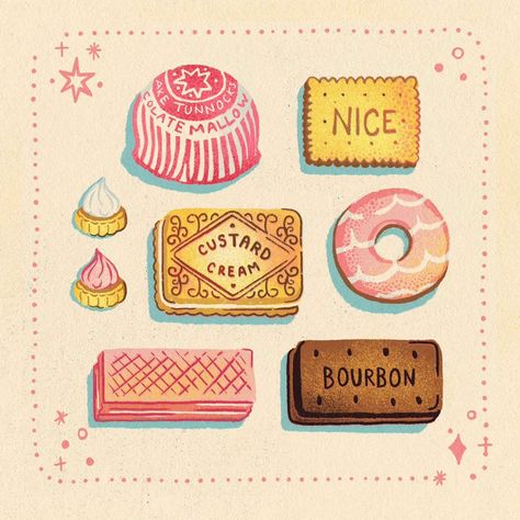 Day 28: Chomp 🍪 lots of biscuits! What's your favourite? I personally like a tunocks teacake but the custard creams are so fun to… | Instagram Cookie Cute Drawing, Cake Illust, Biscuit Drawing, Biscuit Illustration, Cakes Illustration, Sweets Illustration, Custard Creams, Disco Biscuits, Nostalgic Things