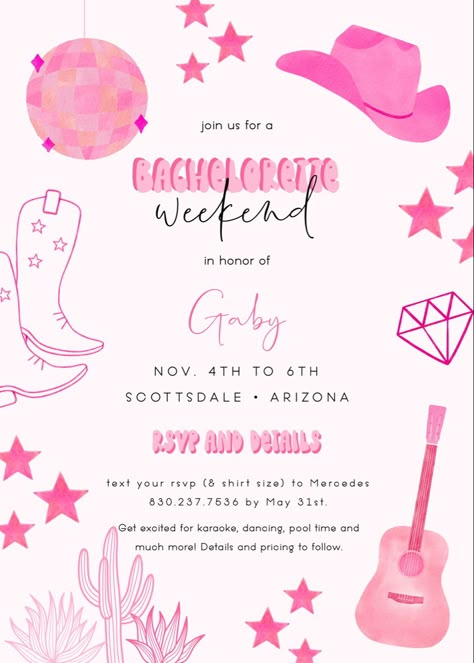 Cute 18th Birthday Invitations, Purple Space Cowgirl, Cowgirl 21 Birthday Party Invitation, Disco Cowgirl Birthday Party Invitations, Pink Cowgirl Invitations, Invitaciones Cowgirl Aesthetic, Disco Cowgirl Party Invitation, 21st Birthday Cowgirl Theme, Hello Kitty Vaquera