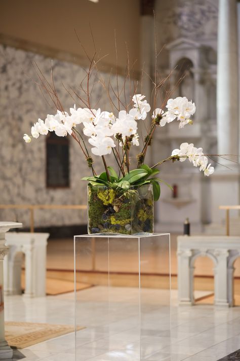 Square Lucite pillars topped with earthy arrangements of phalaenopsis orchids and branches flanked the ceremony altar. Orchid Decor, Orchid Flower Arrangements, Expensive Flowers, Wedding Ceremony Decor, Orchid Centerpieces, Orchid Wedding, Orchid Arrangements, Silk Plants, Phalaenopsis Orchid