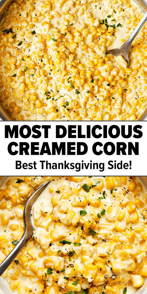 Creamed corn Thanksgiving side dish recipe. Cream Corn Recipe Thanksgiving, Cream Corn Thanksgiving Recipe, Creamy Corn Recipe Side Dishes, Creamed Corn Without Cream Cheese, Fresh Cream Style Corn Recipe, Creamed Corn Crockpot Thanksgiving, Corn Side Thanksgiving, Easy Cream Corn Recipe Crock Pot, Creamed Corn Thanksgiving