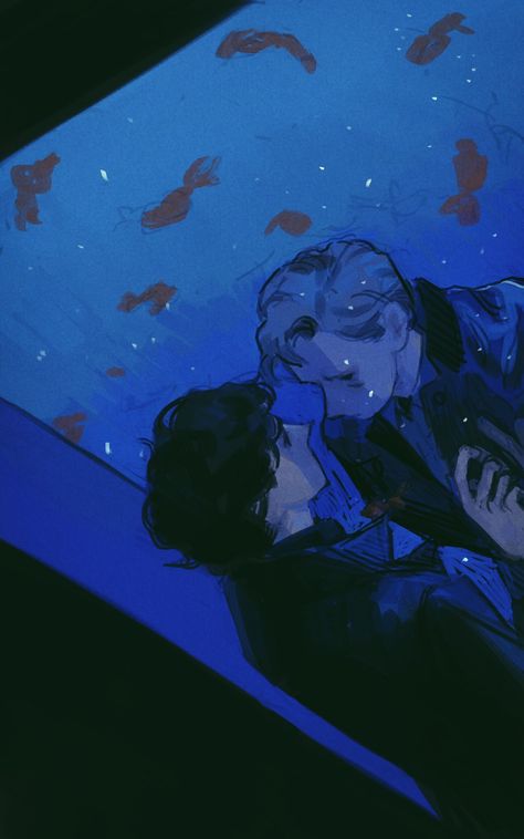 Two People, Floating, Fish, Blue