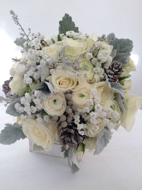 Bouquet Of White Roses, Mum Wedding, Silver Brunia, Simple Wedding Bouquets, Wedding Toss, Fir Cones, January Wedding, White Weddings, Winter Bouquet