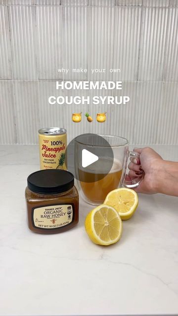 Karalynne Call on Instagram: "🍋🍯Homemade Cough Syrup Recipe

INGREDIENTS 
1/2 cup local honey
1/4 cup pineapple
Juice of 1 lemon
1/4 cup warm water

INSTRUCTIONS 
1. In a clean glass jar or container, combine the local honey, pineapple juice, and freshly squeezed lemon juice.
2. Mix these ingredients thoroughly until well combined.
3. Gradually add the warm water to the mixture and continue stirring until the honey is fully dissolved and the ingredients are well incorporated.
4. Store the cough syrup in an airtight container or jar at room temperature.

NOTES
• Shake well before each use.
• This homemade cough syrup contains natural ingredients that may help soothe a sore throat or cough. However, it does not replace talking to your doctor.

A 2021 study on upper respiratory tract infect Pineapple Juice For Cough, Karalynne Call, Soothe A Sore Throat, Cough Syrup Recipe, Homemade Cough Syrup, Best Cough Remedy, Cold Remedy, Squeezed Lemon, Natural Skin Care Remedies