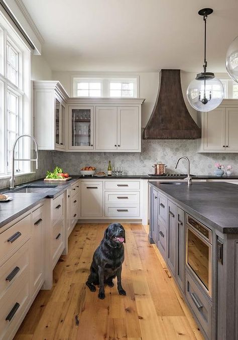 Dark Gray Oak Island with Pine Wood Floors - Transitional - Kitchen Light Gray Wood Floors, Gray Wood Floors, Light Grey Wood Floors, Pine Wood Flooring, Cabinet Shelves, Серая Кухня, Soap Stone, Inset Cabinets, Dark Countertops