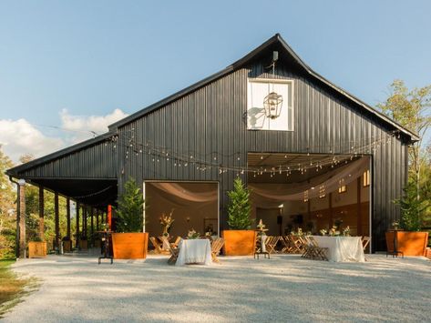 Wedding Venue Exterior Design, Barndominium Ideas For Events, Farm Event Space, Metal Building Wedding Venues, Metal Building Event Space, Party Venues Ideas, Barn Venue Ideas, Pole Barn Wedding, Outdoor Wedding Venue Ideas