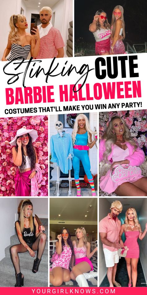 Are you looking for a Halloween costume that is both cute and unique? Check out our list of 23 seriously cute Barbie-inspired costumes for women! From vintage to modern, there's something for everyone. Click through now to start planning your perfect Halloween look. Barbie And Gi Joe Costume, Barbie Costume With Gogo Boots, Barbie Dress Up Ideas For Adults, Barbie Beach Party Outfit, Types Of Barbie Dolls, College Barbie Halloween Costume, Adult Barbie Costume Plus Size, Punk Rock Barbie Outfit, Latina Barbie Costume