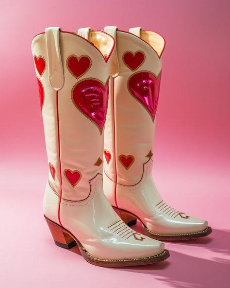 Retro Cowboy Boots with Hearts Heart Cowboy Boots, Painted Cowboy Boots, Botas Cowboy, Retro Cowboy, Snake Charmer, Style Goals, Gold Thread, Red Hearts, Vintage Western