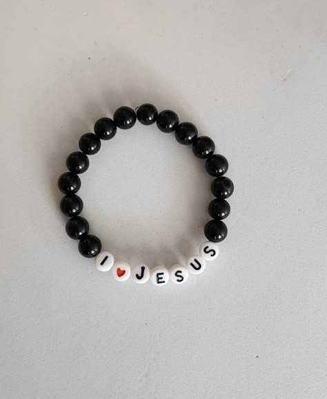 I Love Jesus, ONYX Bead Bracelet, 8MM round bead, Black Stone, Handmade, Stretchy Bracelet, Christian, Religious, Gift for Birthday Black ONYX Stone Bracelet. Super Versatile to match any outfit. Note: All of the bracelets feature an elastic string for varying wrist sizes 7"-9" (can still fit wrists slightly smaller and larger because of the stretch, just keep in mind it will be a bit more loose or snug fitting depending on your size). There are many ways to get your wrist measurement: *Use stri Jesus Bracelet Ideas, Things To Put On Bracelets, Christian Beaded Bracelets, Jesus Bracelet, Fan Bracelet, Praises To God, Faith Bracelet, Christian Bracelets, Diy Bracelets Patterns