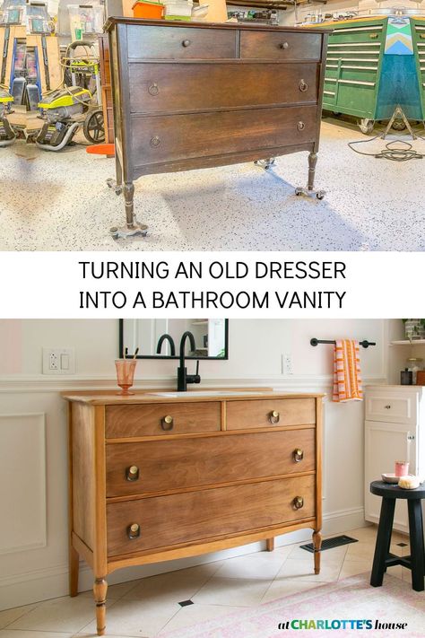 Dresser To Sink Vanity Diy, Sink In Furniture, Diy Vanity From Dresser, Old Dresser Bathroom Vanity Diy, Diy Vanity Sink Bathroom, Dresser To Vanity Diy, Dresser Into Double Bathroom Vanity, Furniture Sink Vanity, Diy Bathroom Vanity Dresser