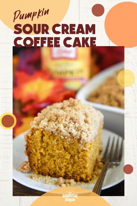 Looking for the perfect Fall coffee cake? This is it! This amazing Pumpkin Sour Cream Coffee Cake is extra moist and full of spice and pumpkin flavor. Enjoy at breakfast with a cup of coffee or for dessert! For more cake recipes and ideas visit ImperialSugar.com and pin your favorites! Made this recipe? Show us! #imperialsugar #halloweencakes #pumpkinrecipes #halloweentreats Fall Coffee Cake, Pumpkin Coffeecake, Thanksgiving Goodies, Eggnog Recipes, Crumb Cakes, Breakfast Cakes, Pumpkin Coffee Cake, Dessert Pumpkin, Organic Cooking