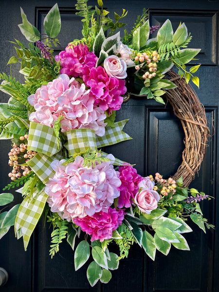 Pink Hydrangea Wreath, Spring Floral Wreath, Vine Wreath, Moss Covered, Hydrangea Wreath, Pink Hydrangea, Spring Wreaths, The Neighborhood, Spring Wreath