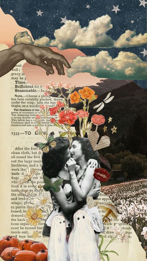 vibey #wlw #aesthetic #collage #gay #vintage #floral #books #newspaper Queer Collage, Poetry Collage, Wlw Aesthetic, Surrealist Collage, Collage Project, Love Collage, Photoshop Collage, Birds And The Bees, Lesbian Art