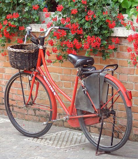 Bike Red Bike Aesthetic, Pretty Bicycle, Wicker Bicycle Basket, Bicycle Aesthetic, Bicycle With Flowers, Bicycle Pictures, Red Bike, Bicycle Decor, Bike Aesthetic