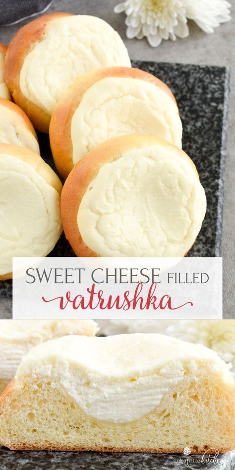 Sweet Cheese Filled Buns (Vatrushka Recipe) are freezer-friendly, soft and fluffy sweet buns filled with delicious smooth farmer’s cheese filling. | olgainthekitchen.com #olgainthekitchen #vatrushka #sweetbuns #cheeserecipe #ukrainian #cheesefilling #holiday #comfortfood #sweetrolls #bread Vatrushka Recipe, Filled Buns, European Cakes, Hot Fudge Cake, Easy Party Desserts, Sweet Cheese, Hot Chocolate Fudge, Cheese Buns, Party Food Dessert