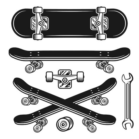 Skateboard parts set of vector objects a... | Premium Vector #Freepik #vector #skate-board #skateboard #skater #skating Skateboard Icon, Skateboard Vector, Side View Drawing, Board Skateboard, Lace Fancy, Skateboard Parts, Monochrome Style, Drawing Things, Monochrome Fashion