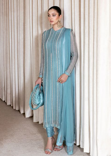 Pearl Outfit, Hussain Rehar, Blue Organza, Luxury Pret, Organza Shirt, Pakistani Fancy Dresses, Pakistani Fashion Party Wear, Pakistani Dresses Casual, Beautiful Pakistani Dresses