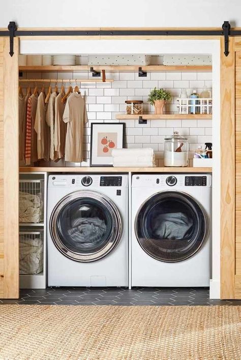 Small Walk In Closet Ideas With Washer And Dryer, Hidden Laundry, Garage Laundry, Laundry Room Closet, Laundry Room Renovation, Laundry Room Cabinets, Laundry Room Inspiration, Laundry Room Remodel, Laundry Closet