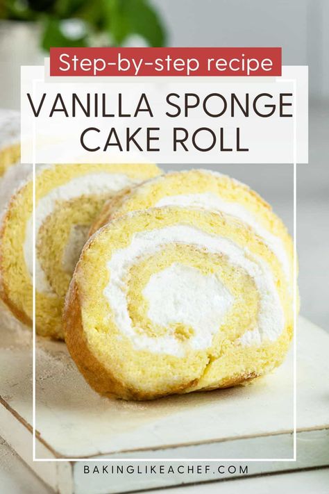 This vanilla sponge cake roll is basic, easy, and quick. With just a few simple ingredients flavored with vanilla, it is perfect for making Swiss roll cakes, Christmas jelly rolls, Yule logs, and Buche de Noel. Print the recipe at www.bakinglikeachef.com Vanilla Christmas Cake Roll, Easy Swiss Roll Recipe, Homemade Swiss Rolls, Jelly Roll Recipe Homemade, Vanilla Yule Log Recipe, Vanilla Cake Roll Recipe, White Cake Roll, Yule Cake Recipe, Easy Swiss Roll Cake