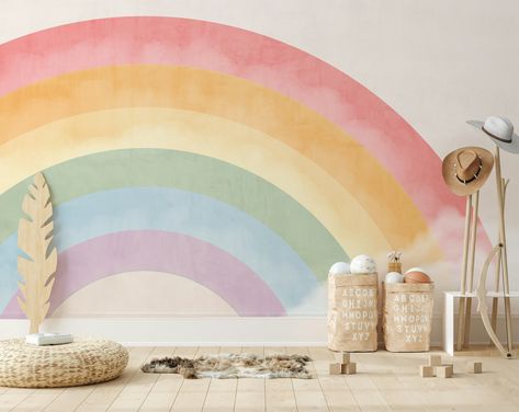 Pastel Rainbow and Clouds Kids Wallpaper for Nursery and Children's Room - Etsy Hong Kong Rainbow Wallpaper Nursery, Rainbow Kids Bedroom, Rainbow Wallpaper For Walls, Raibow City Watercolor Wallpaper Bedroom, Wallpaper For Nursery, Vinyl Self Adhesive Wallpaper Pastel Rainbow, Wallpaper Childrens Room Rainbow, Rainbow And Clouds, Muted Rainbow