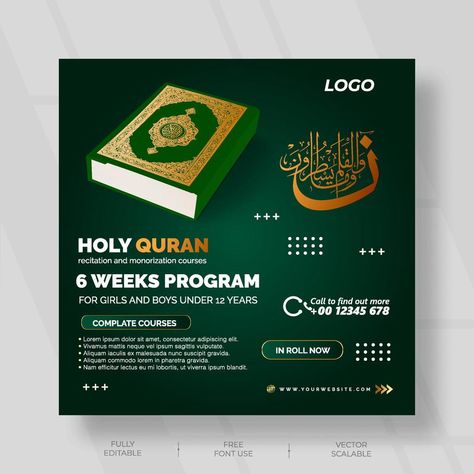 Islamic social media design with green for holy Quran educating Islamic Social Media Design, Quran Recitation, Education Poster, Holy Quran, Post Design, Useful Life Hacks, Ad Design, Car Wallpapers, Media Design