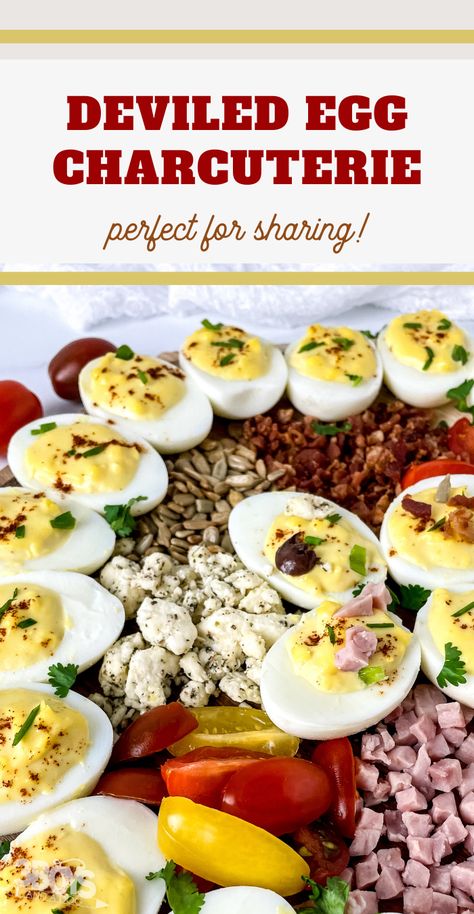 Talk about delicious! This Deviled Egg Charcuterie Board Recipe is perfect for holidays, tailgates, family gatherings, and more! Deviled Egg Charcuterie Board Ideas, Deviled Eggs Board, Charcuterie Board With Deviled Eggs, Deviled Egg Bar Ideas, Deviled Egg Presentation Ideas, Deviled Egg Board, Deviled Egg Platter Ideas, Deviled Egg Display Ideas, Deviled Eggs Charcuterie Board