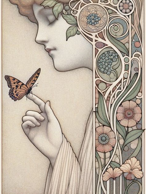 Stippled illustration of a dreamy woman with a butterfly on her fingertip, surrounded by ornate Art Nouveau vines and flowers in muted Craftsman colors. Art Nouveau Mucha, Motifs Art Nouveau, Art Deco Ideas, Mucha Art, Art Nouveau Illustration, Art Nouveau Flowers, History Of Art, Art Nouveau Architecture, Female Art Painting