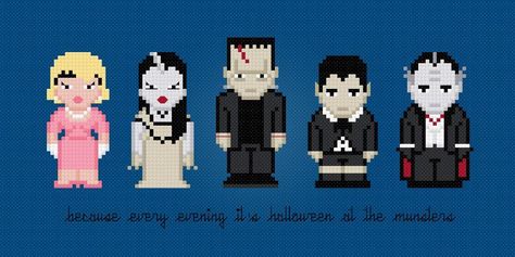 The Munsters Characters - Cross Stitch  pattern on Craftsy.com Fused Beads, Geek Cross Stitch, Stitch People, Tapestry Ideas, Halloween Cross Stitch Patterns, The Munsters, Halloween Cross Stitches, Stitch Ideas, Learn Embroidery