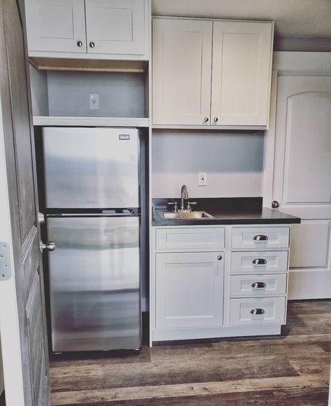 Skinny fridge with space above for microwave Microwave On Fridge, Mini Fridge And Microwave Cabinet, Microwave Above Fridge, Basement Fridge, Mini Fridge And Microwave Cabinet Small Spaces, Basement Studio Ideas, Fridge Next To Sink, Fridge Stove Microwave Wall, Top Of Fridge Ideas