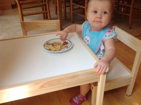 Pared down IKEA Latt table and chairs as weaning table Kids Dining Area, Ikea Toddler Table, Toddler Dining Table, Montessori Weaning Table, Ikea Latt Table, Ikea Montessori, Ikea Latt, Breastfeeding Chair, Weaning Table