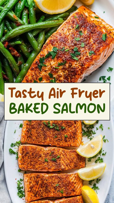 Looking for a quick and delicious dinner idea? Try making air fryer baked salmon! This method creates perfectly cooked salmon with a crispy exterior, ready in no time. The air fryer cooks the salmon evenly and locks in all the flavors, resulting in a moist and flavorful dish that will impress your family and friends. Say goodbye to dry or overcooked fish – with the air fryer, you can achieve restaurant-quality results right at home. Oven Air Fryer Salmon, Baked Salmon Air Fryer, Oven Salmon Easy, Crispy Salmon Air Fryer Recipes, Salmon Recipes Baked Air Fryer, Air Fry Salmon Recipes, Cook Salmon In Air Fryer, How To Cook Salmon In The Oven, Air Fry Salmon