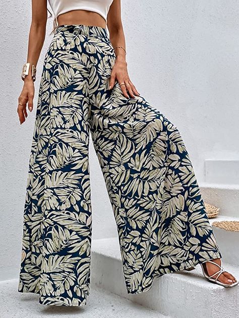 MakeMeChic Women's Palazzo Pants Casual High Waist Flowy Loose Wide Leg Pants at Amazon Women’s Clothing store Printed Palazzo Pants Outfit, Patterned Pants Outfit, Batik Pants, Palazzo Pants Outfit, High Waisted Palazzo Pants, New Year Theme, Womens Palazzo Pants, Loose Wide Leg Pants, Printed Palazzo Pants