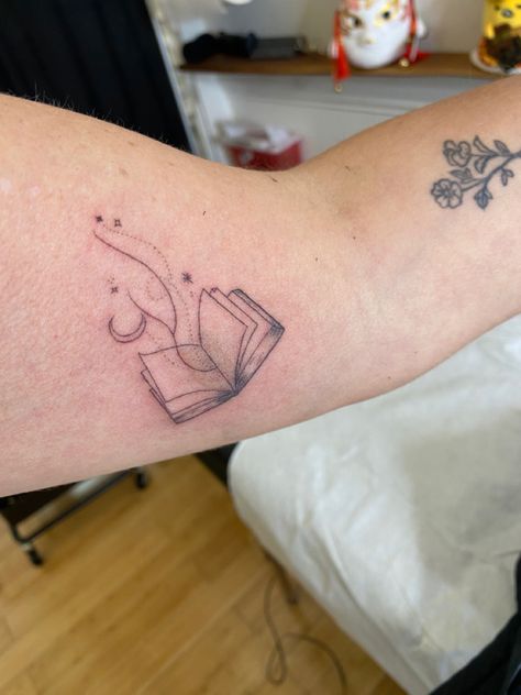 The magic of books in fine line tattoo. Fine Line Tattoo, Line Tattoo, Book Tattoo, Fine Line Tattoos, Line Tattoos, Fine Line, Body Art, The Magic, Art Inspiration