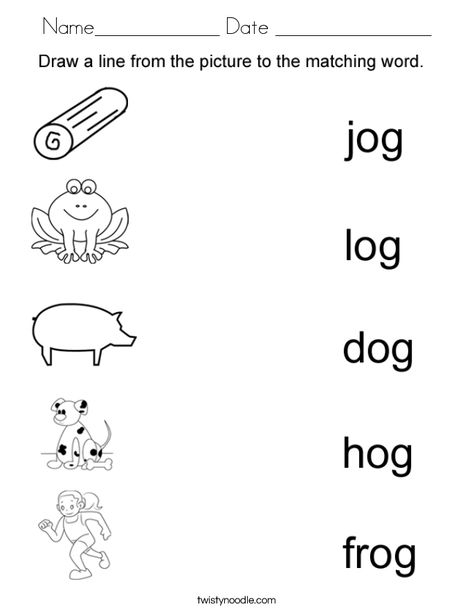 Name____________ Date _______________ Coloring Page - Twisty Noodle Og Word Family Worksheets, Og Family Words Worksheet, Og Words, Og Phonics, Kindergarten Word Families, Basic Subtraction, Phonics Reading Passages, Cvc Words Worksheets, Kindergarten Phonics Worksheets