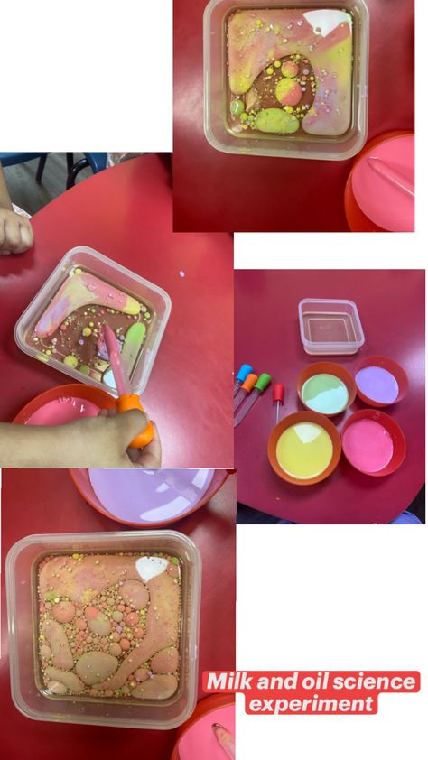 Oil, milk , dropper , container and acrylic paint Milk Science Experiment, Science Experiments, Preschool Activities, Acrylic Paint, Acrylic Painting, Milk, Science, Paint