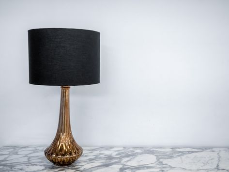 Floor Lamp Redo Black, Marble Table With Black Lamp Shade, Leaf Lamp With Black Shade, Gold Lamp Black Shade, Spray Painted Bottles, Black Patterned Lamp Shade, Fabric Spray Paint, Painted Bamboo, Dark Paint Colors