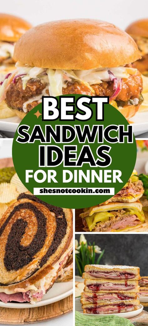 Photo collage of hot sandwiches with text overlay. Marble Rye Bread Sandwiches, Quick Dinner Sandwich Ideas, Dinner On A Bun, Game Day Sandwiches, Best Hot Sandwich Recipes, Hot Sandwiches For Dinner, Sandwich Recipes For Dinner, Meaty Sandwiches, Sandwich Dinner Ideas