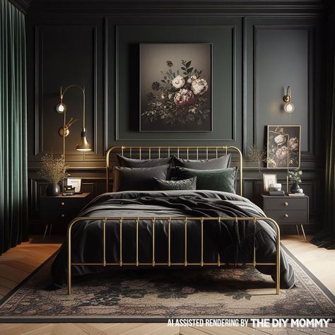 Dark Feminine Bedroom mood board design featuring dark green walls, velvet curtain, a gold metallic bed frame, a moody floral art. 😍 Dark Feature Wall Bedroom, Dark Floral Bedroom, Girls Bedroom Green, Dark Feminine Bedroom, Glam Bedroom Ideas, Olive Green Bedrooms, Bedroom Mood Board, Bedroom 2024, Feature Wall Bedroom