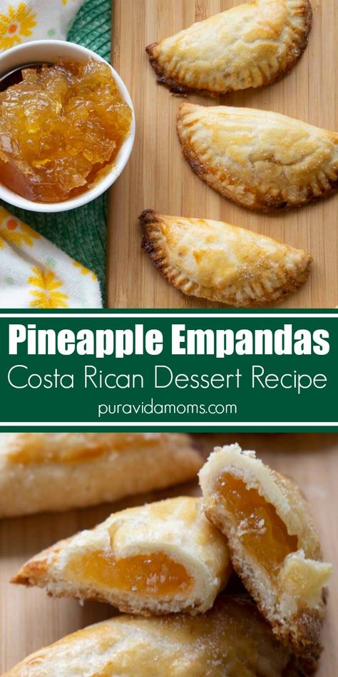 Combine flour, margarine, whipping cream and pineapple preserves for an easy and delicious hand pie recipe traditional to Costa Rica- baked pineapple empanadas. Empanadas Recipe Pineapple, Costa Rica Desserts Recipes, Costa Rican Desserts Recipes, Costa Rica Desserts, Costa Rica Food Recipes, Pineapple Empanadas Recipe, Empanadas Sweet, Costa Rica Recipes, Pineapple Empanadas