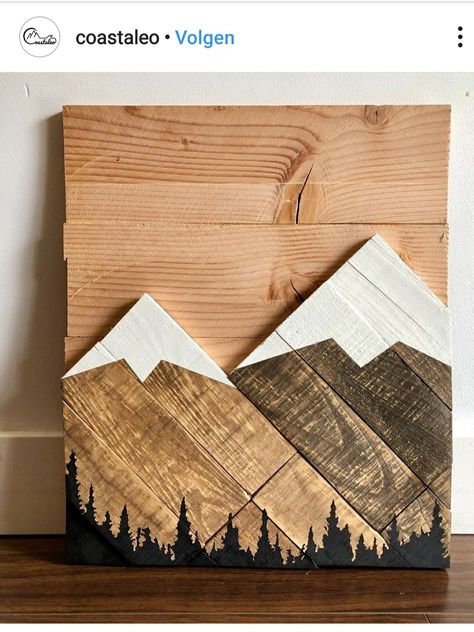 Mountain Wood Art, Mountain Wood Wall Art, Wood Art Diy, Wood Wall Art Diy, Wood Art Projects, Entrance Modern, Upstairs Hallway, Mountain Decor, Deco Nature