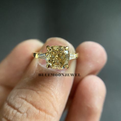 2.75TW Cushion Canary Yellow Champagne Moissanite Ring Three - Etsy Moissanite Engagement Ring Cushion, Cushion Moissanite Engagement Ring, Engagement Ring Cushion, Diamond Alternative Engagement Ring, Moissanite Vs Diamond, Yellow Cushion, Ring Three Stone, Ring Cushion, Engagement Rings Cushion