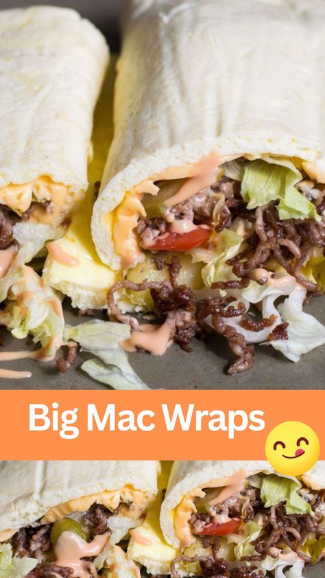 Looking for a healthier alternative to satisfy your Big Mac cravings? Try our delicious Big Mac Wrap recipe! Packed with lean ground beef, fresh veggies, and a homemade sauce, this wrap offers all the iconic flavors of the beloved fast-food favorite without the guilt. Perfect for a quick and easy lunch or dinner, this recipe is sure to become a family favorite. Big Mac Wraps Healthy, Big Mac Wrap Recipe, Big Mac Crunch Wrap, Big Mac Wrap, Low Carb Big Mac Wrap, Mac And Cheese Burger Wrap, Bacon Mac N Cheese Burger Wrap, Homemade Wraps, Homemade Big Mac Sauce