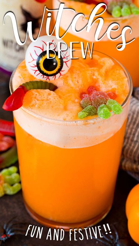 This witches brew is a spooky Halloween punch made with orange soda, orange sherbet and pineapple juice, then decorated with worms and spiders. Witches Brew Halloween Punch, Easy Coffee Punch, Orange Halloween Punch, Witches Brew Punch, Spooky Halloween Punch, Orange Punch, Halloween Punch, Spooky Food, Orange Sherbet