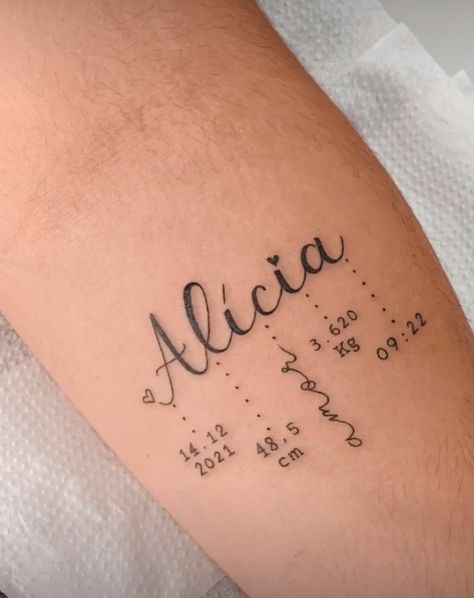 Alicia Tattoo Name, Mother Tattoos, Small Tattoos For Guys, New Tattoo, Baby Tattoos, Celebrity Tattoos, Name Tattoos, Symbolic Tattoos, Word Tattoos