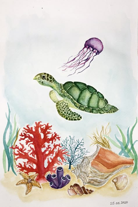 Cute Turtle Painting, Watercolor Animals Easy, Watercolour Turtle, Turtle Watercolor Painting, Sea Turtle Watercolor Painting, Biology Drawing, Watercolor Turtle, Sea Turtle Drawing, Watercolor Sea Turtle