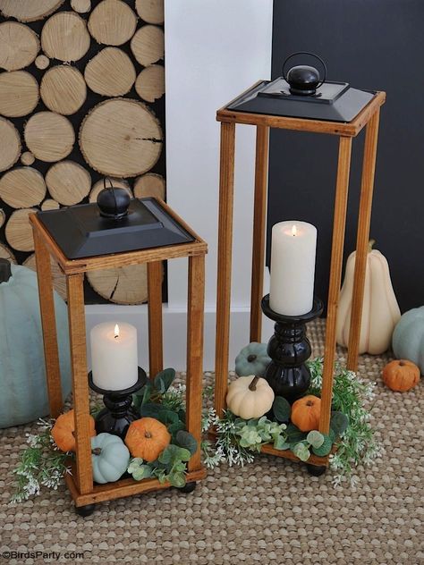 Easy DIY Modern Farmhouse Wood Lanterns - quick and easy to make high-end large lanterns made on a budget. Ideal to decorate your home for any season! by BirdsParty.com @BirdsParty #diy #homedecor #farmhouse #farmhousedecor #farmhouselanterns #modernfarmhouse #diylanterns #woodlanterns #magnoliahome #diyhomedecor Large Lantern Decor, Diy Wood Lanterns, Wood Lantern Diy, Diy Wooden Lantern, Wooden Lanterns Diy, Diy Modern Farmhouse, Porch Lanterns, Wood Lanterns, Lanterns Diy