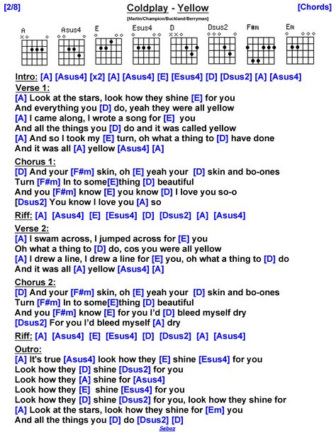 Seven Nation Army Guitar Chords, Yellow Guitar Chords, Coldplay Yellow, Yellow By Coldplay, Ukulele Tabs Songs, Yellow Coldplay, Yellow Guitar, Kalimba Notes, Learn Guitar Songs