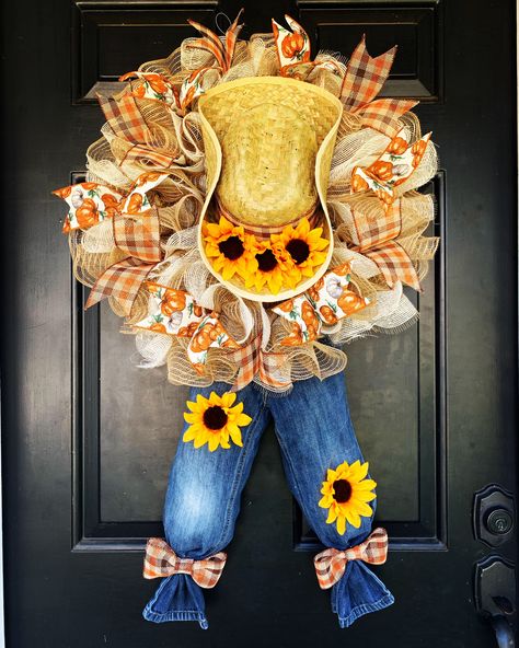 Scarecrow Wreath, Country Theme Decor Wreath, Front Door Hanger, Cowboy Hat Wreath, Sunflower Floral Wreath, Spring Farmhouse Decor - Etsy Cowboys Wreath, Scarecrow Hat, Fall Deco Mesh Wreath, Mesh Wreaths Diy, Hat Wreath, Sunflower Crafts, Fall Decor Wreaths, Fall Deco Mesh, Wreath Sunflower